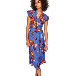Zara Womens Large Blue Orange Floral Wrap Midi Dress Cap Sleeve Dopamine Flair